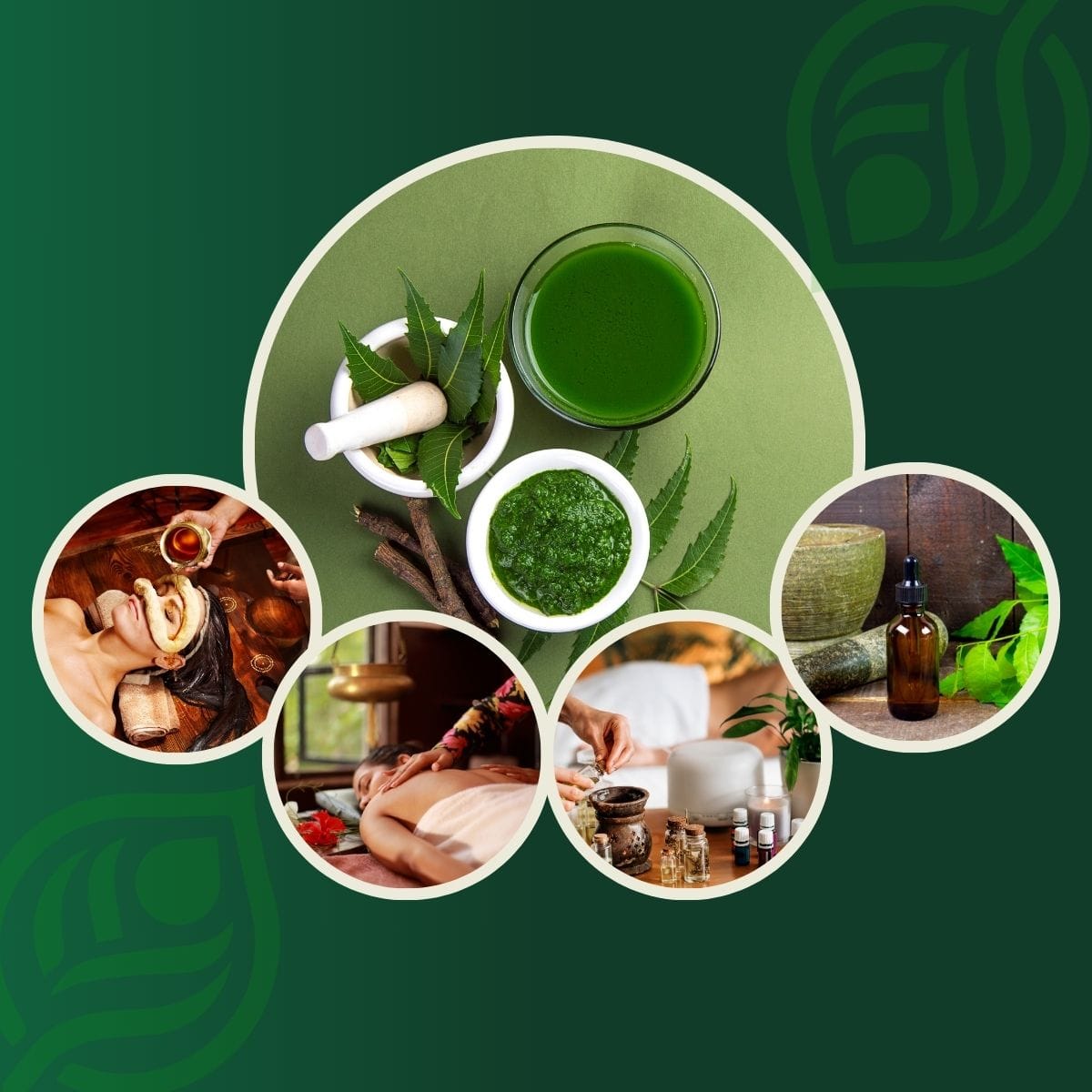 Collage of Ayurvedic treatments and herbal remedies, highlighting natural ingredients and therapies at Sai Ayush Ayurveda, a leading Ayurveda hospital in KPHB, Hyderabad.
