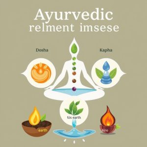 Ayurvedic treatment philosophy showing balance of doshas and natural elements