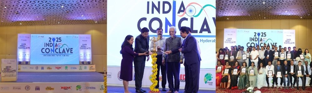 Ayurveda Hospital award ceremony at the 2025 India Conclave in Hyderabad, featuring a stage setup, award presentation, and group of award recipients, highlighting rejuvenation through traditional Panchakarma and care.