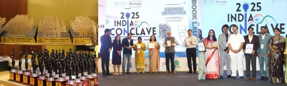 Award ceremony at India Conclave 2025 with trophies displayed and people receiving certificates on stage, highlighting achievements in various sectors.