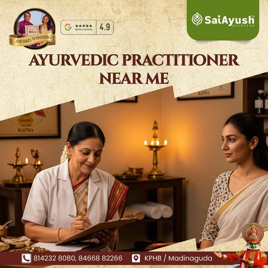 Image of an Ayurvedic practitioner consulting a patient in a traditional setting. The practitioner is writing notes on a clipboard, and both individuals are dressed in traditional attire. The background features lit candles and Ayurvedic decorations. SaiAyush Ayurveda branding is visible, along with a 4.9 Google rating and contact details for KPHB/Madinaguda, Hyderabad.